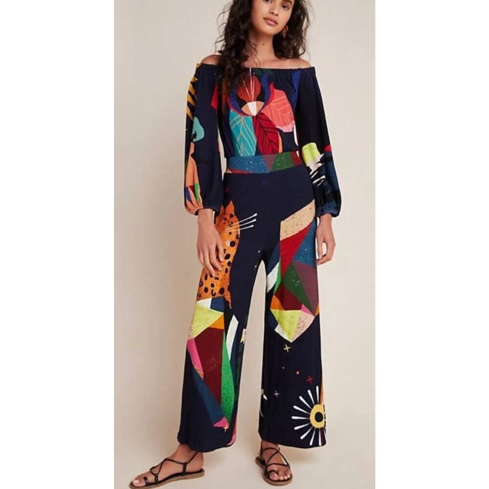 Farm Rio Anthropologie Jumpsuit XS Petite Off Shoulder Wide Leg - Picture 9 of 9